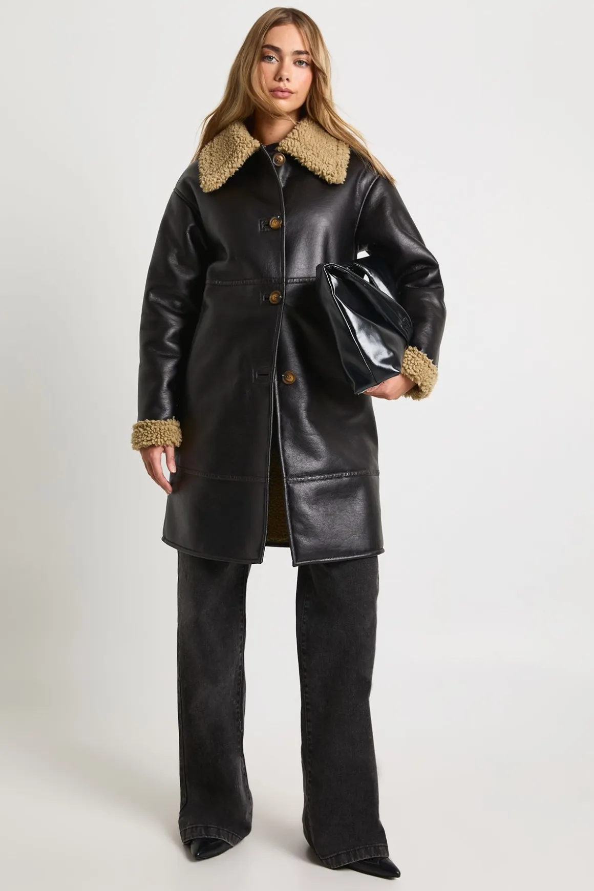 Veste d'aviateur longue en synthétique avec garniture en fourrure