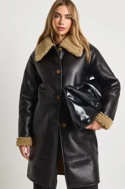 Veste d'aviateur longue en synthétique avec garniture en fourrure