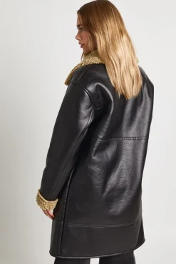Veste d'aviateur longue en synthétique avec garniture en fourrure