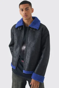 Veste d'aviateur ultra surdimensionnée en synthétique-suède noire