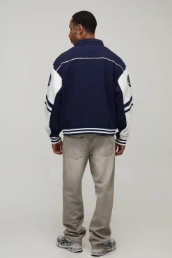 Veste De Baseball Color Block À Col Avec Coupe Ample En Jersey