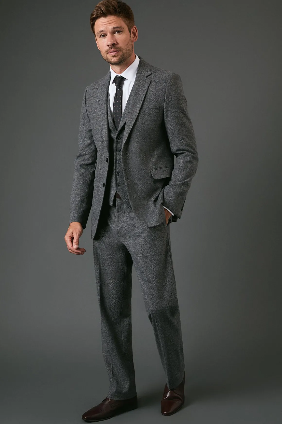 Veste de Costume Ajustée Aspect Tweed Anthracite