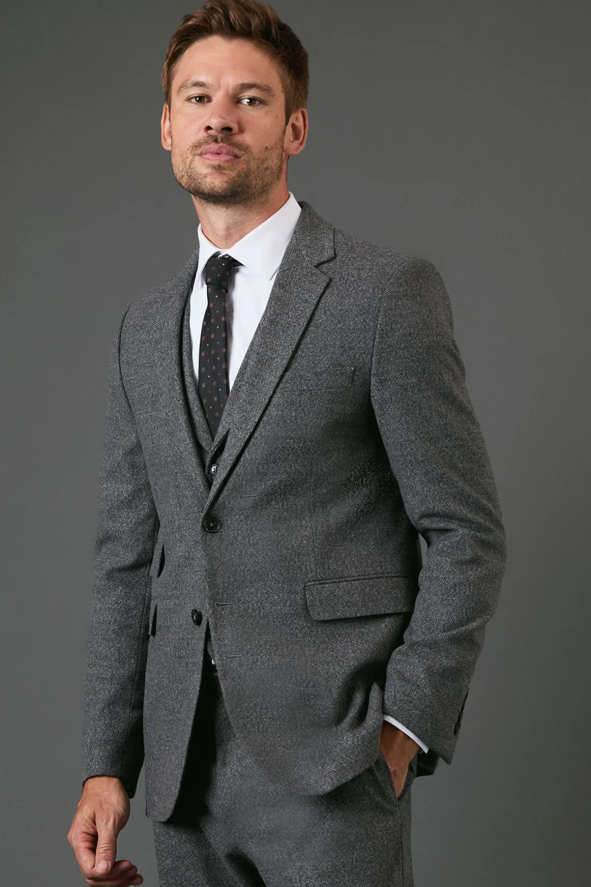 Veste de Costume Ajustée Aspect Tweed Anthracite