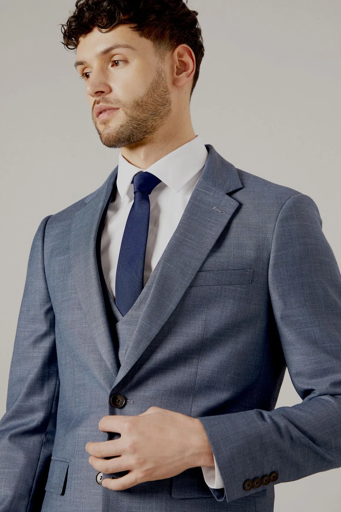 Veste de Costume Ajustée Bleu Semi-Uni