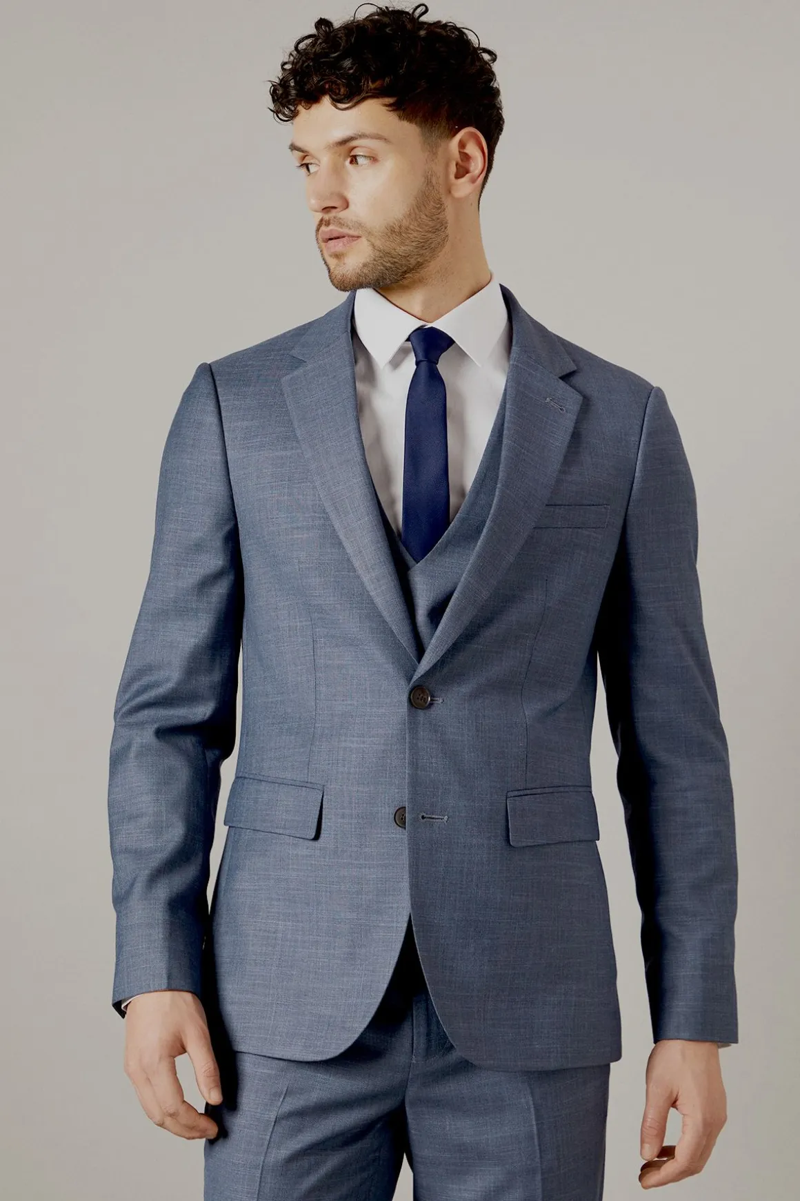 Veste de Costume Ajustée Bleu Semi-Uni