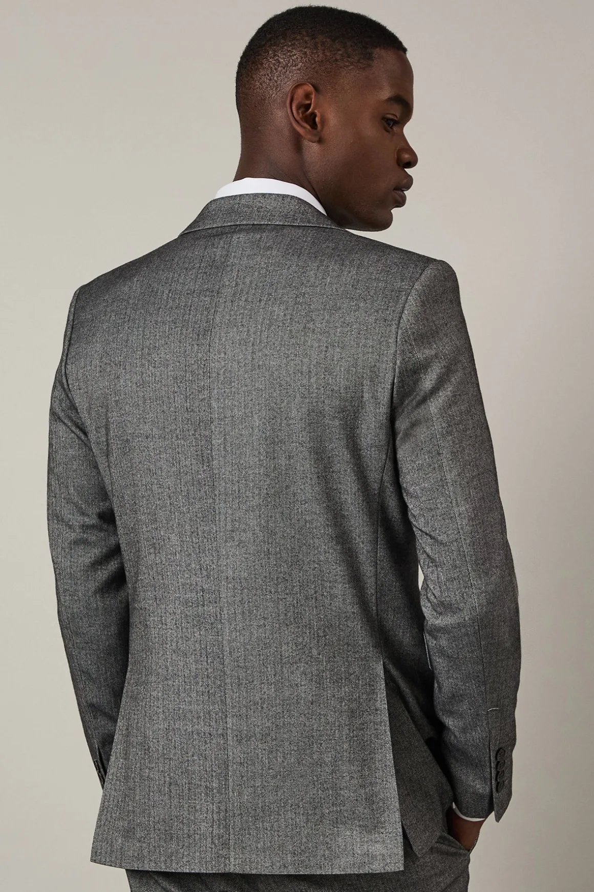 Veste de Costume Cintrée Motif Chevrons Effet Tweed Gris
