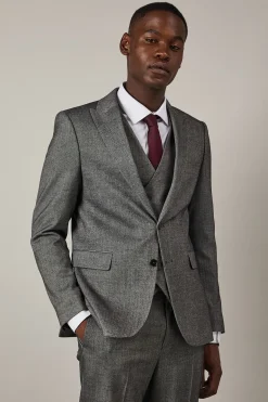 Veste de Costume Cintrée Motif Chevrons Effet Tweed Gris