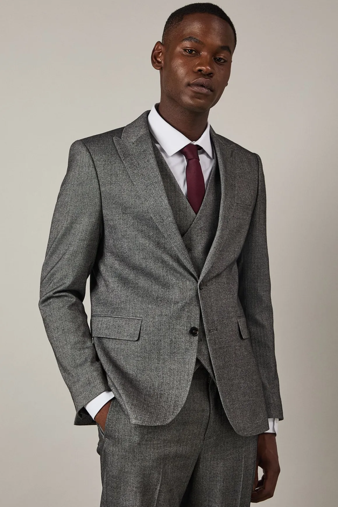 Veste de Costume Cintrée Motif Chevrons Effet Tweed Gris