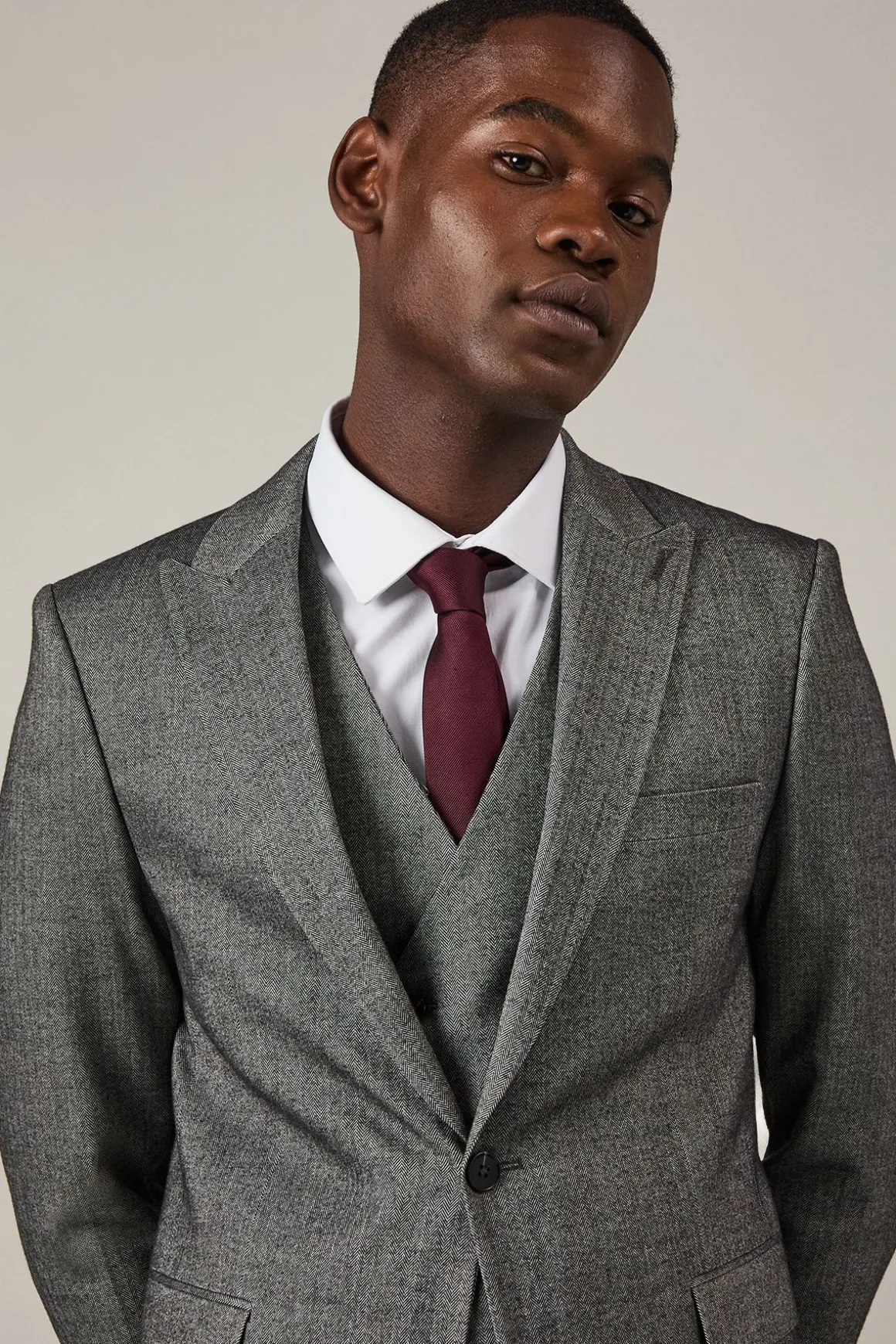 Veste de Costume Cintrée Motif Chevrons Effet Tweed Gris