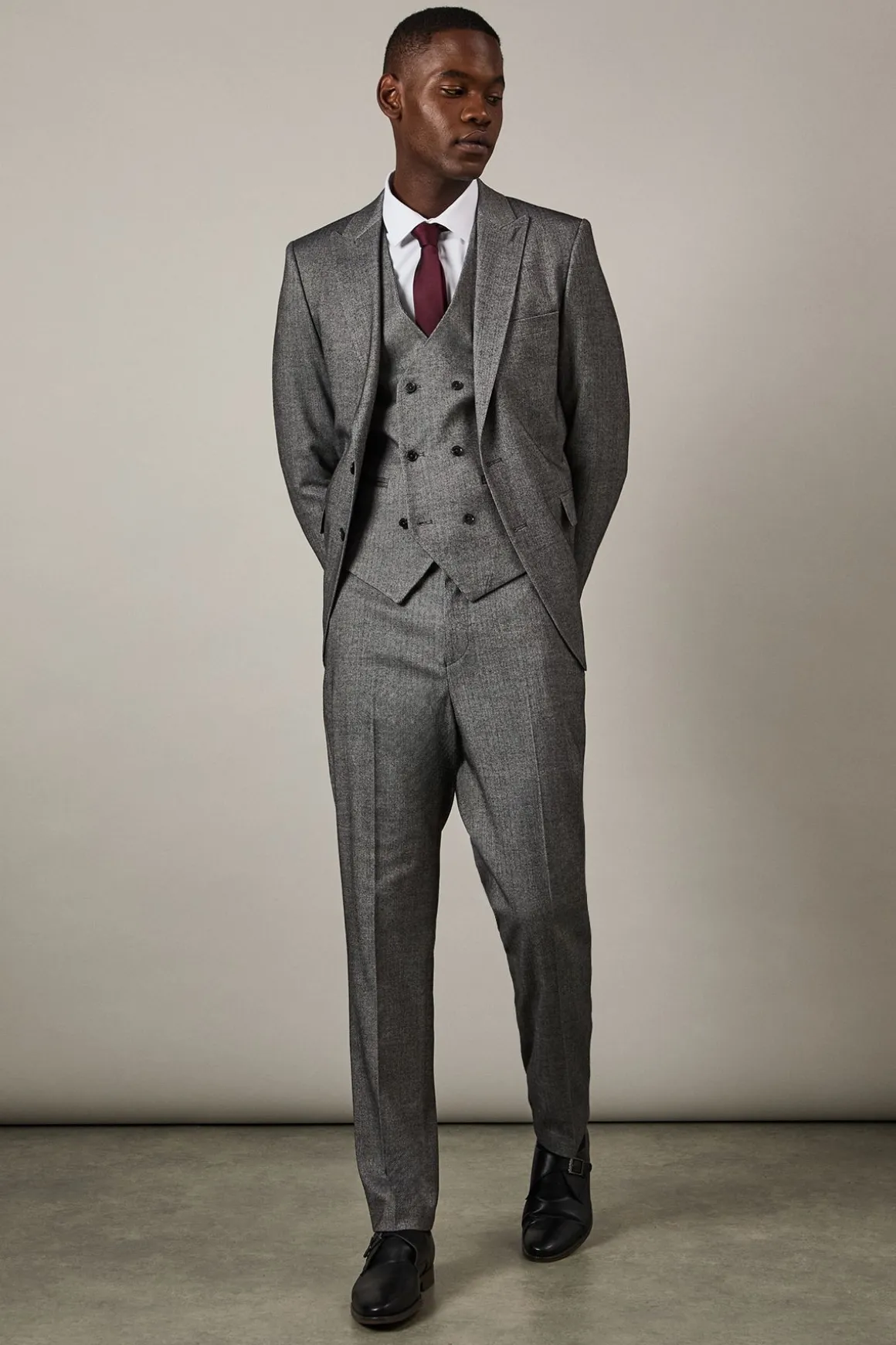 Veste de Costume Cintrée Motif Chevrons Effet Tweed Gris