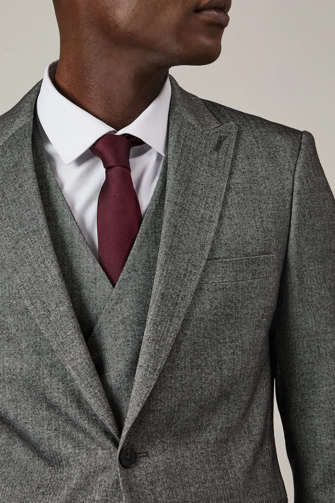 Veste de Costume Cintrée Motif Chevrons Effet Tweed Gris