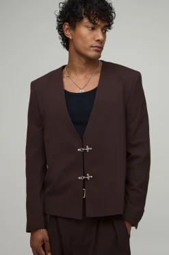 Veste De Costume Oversize Sans Col Avec Détail Fermoir