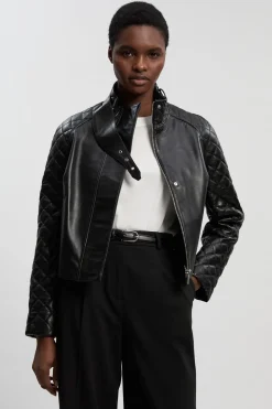 Veste de Motard en Cuir Matelassé Courte