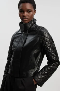 Veste de Motard en Cuir Matelassé Courte