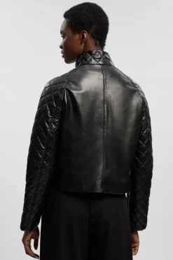 Veste de Motard en Cuir Matelassé Courte