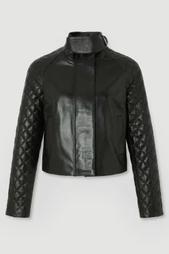 Veste de Motard en Cuir Matelassé Courte