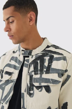 boohooMAN Veste de Motard en Denim Coupe Boxy Slim avec Impression Laser Graffiti<Homme Denim|Denim