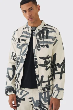boohooMAN Veste de Motard en Denim Coupe Boxy Slim avec Impression Laser Graffiti<Homme Denim|Denim