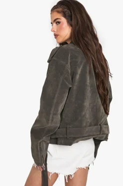 boohoo Veste de motard oversize look vintage en daim<Femme Vestes & Manteaux