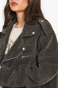 boohoo Veste de motard oversize look vintage en daim<Femme Vestes & Manteaux