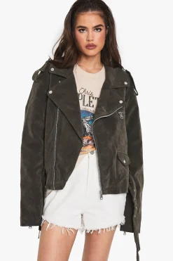 boohoo Veste de motard oversize look vintage en daim<Femme Vestes & Manteaux