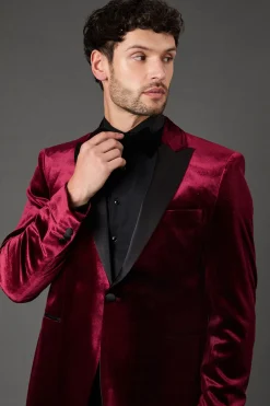 Veste de Smoking Ajustée en Velours Bordeaux