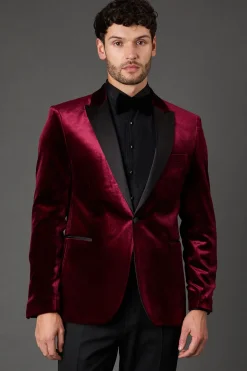 Veste de Smoking Ajustée en Velours Bordeaux
