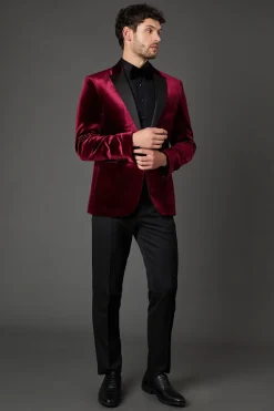 Veste de Smoking Ajustée en Velours Bordeaux