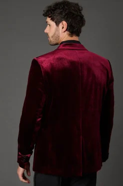 Veste de Smoking Ajustée en Velours Bordeaux