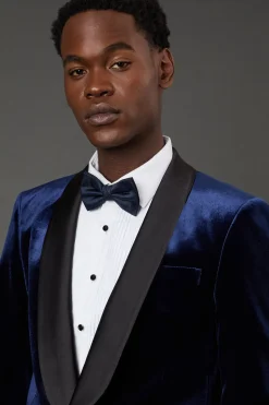 Veste de Smoking en Velours Bleu Marine à Revers Larges Coupe Ajustée