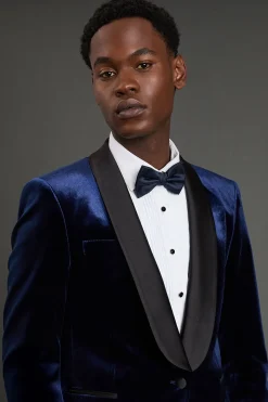 Veste de Smoking en Velours Bleu Marine à Revers Larges Coupe Ajustée