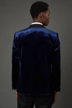 Veste de Smoking en Velours Bleu Marine à Revers Larges Coupe Ajustée