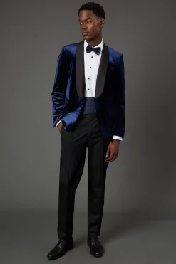 Veste de Smoking en Velours Bleu Marine à Revers Larges Coupe Ajustée