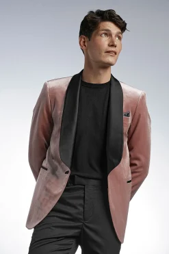 Veste de Smoking Rose en Velours à Revers Larges Coupe Ajustée
