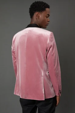 Veste de Smoking Rose en Velours à Revers Larges Coupe Ajustée