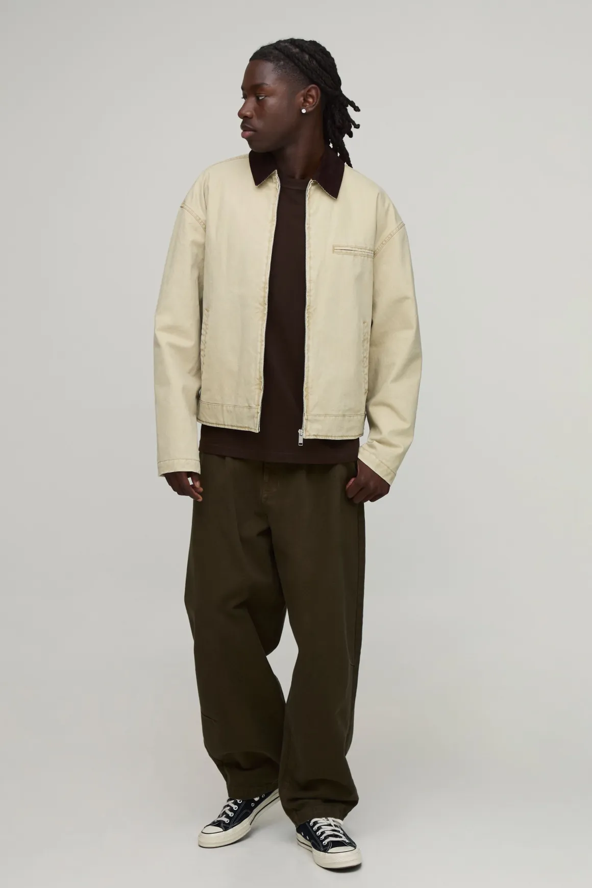 Veste De Travail Coupe Ample En Sergé Délavé Avec Col En Velours Côtelé Contrasté