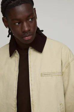Veste De Travail Coupe Ample En Sergé Délavé Avec Col En Velours Côtelé Contrasté