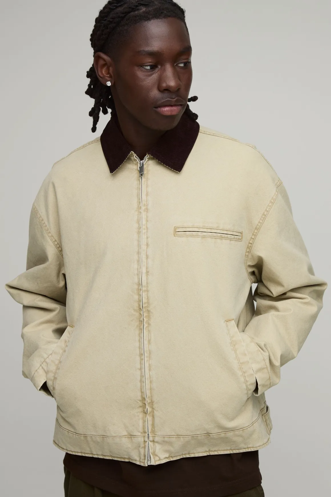 Veste De Travail Coupe Ample En Sergé Délavé Avec Col En Velours Côtelé Contrasté