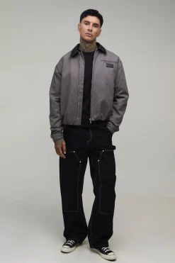 Veste De Travail Grande Taille En Sergé Avec Col Contrastant En Synthétiquecuir Et Coupe Ample Oversize