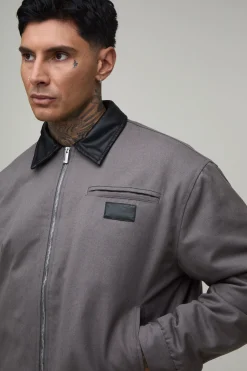 Veste De Travail Grande Taille En Sergé Avec Col Contrastant En Synthétiquecuir Et Coupe Ample Oversize