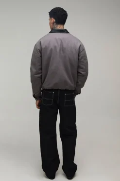 Veste De Travail Grande Taille En Sergé Avec Col Contrastant En Synthétiquecuir Et Coupe Ample Oversize