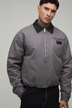 Veste De Travail Grande Taille En Sergé Avec Col Contrastant En Synthétiquecuir Et Coupe Ample Oversize