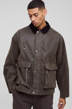 Veste de travail surdimensionnée et carrée à finition « peached » et col contrasté en synthétique