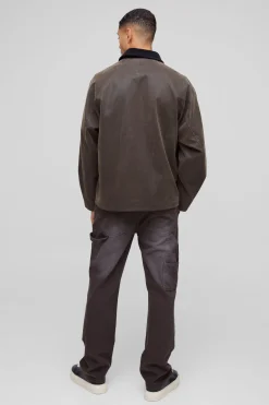 Veste de travail surdimensionnée et carrée à finition « peached » et col contrasté en synthétique