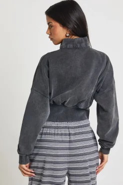 Veste Délavée Col Montant Taille Cintrée avec Fermeture Éclair