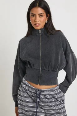Veste Délavée Col Montant Taille Cintrée avec Fermeture Éclair