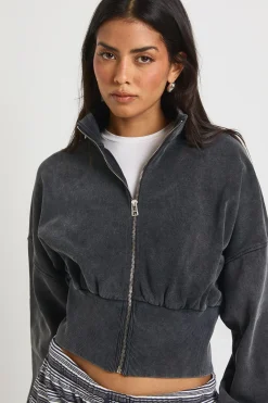 Veste Délavée Col Montant Taille Cintrée avec Fermeture Éclair
