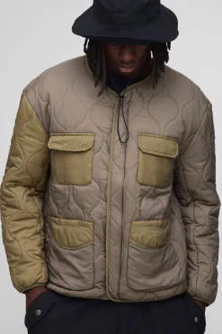 boohooMAN Veste à doublure coupe régulière, sans col, matelassée en ripstop à blocs de couleur<Homme Manteaux Et Vestes