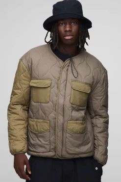 boohooMAN Veste à doublure coupe régulière, sans col, matelassée en ripstop à blocs de couleur<Homme Manteaux Et Vestes