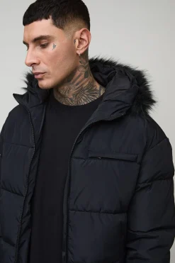 boohooMAN Veste doudoune à capuche, coupe longue, en synthétique e, version grande taille<Homme Tout Afficher|Vestes & Manteaux Tall
